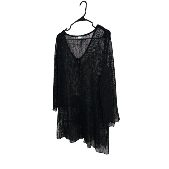 Dotti Black Sheer Mesh Beach Cover-Up Tunic Top V-Neck 3/4 Sleeve Womens Size L - Picture 3 of 8